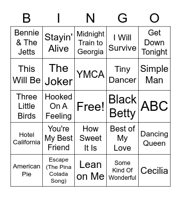 70's Music Bingo Card
