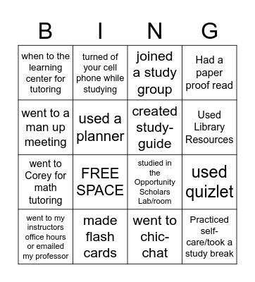 Study Skills Bingo Card
