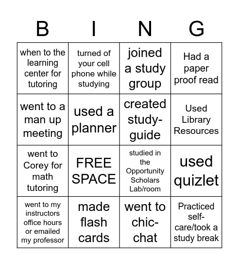 Study Skills Bingo Card