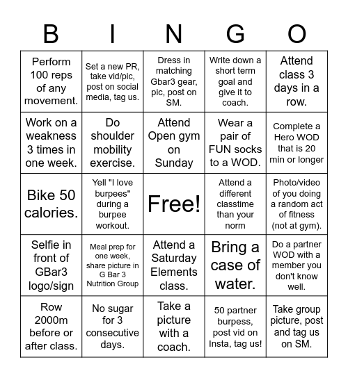 CrossFit G Bar 3 BINGO Card