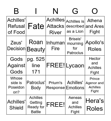 The Iliad Bingo Card