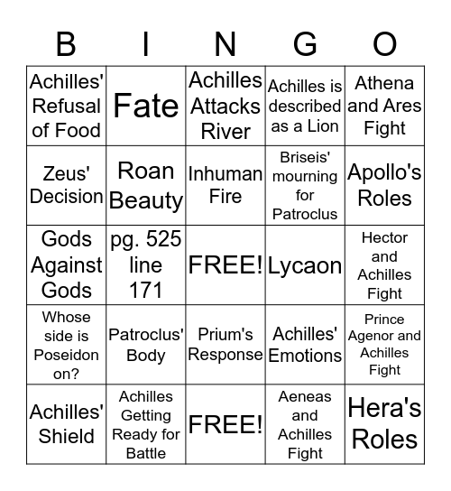 The Iliad Bingo Card