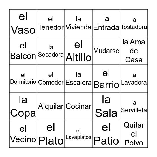 Spanish Vocab Bingo Card