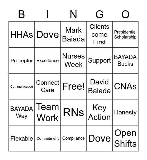 BAYADA Pediatrics BINGO Card