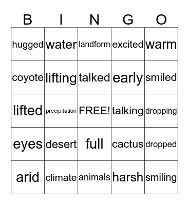 "A Walk in the Desert" Bingo Card