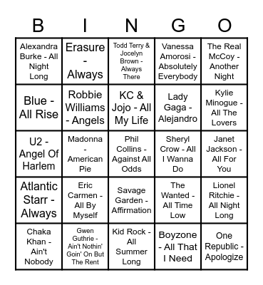 Pop Music  3 Bingo Card