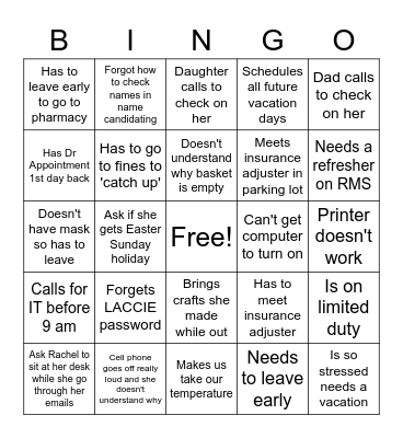 PREDICTIONS FOR DEBBIE'S 1ST DAY BACK Bingo Card