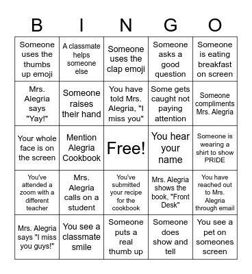 Alegria Remote Learning Bingo Card