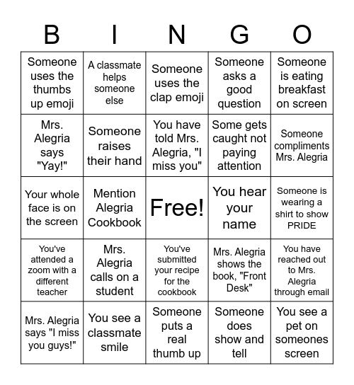 Alegria Remote Learning Bingo Card