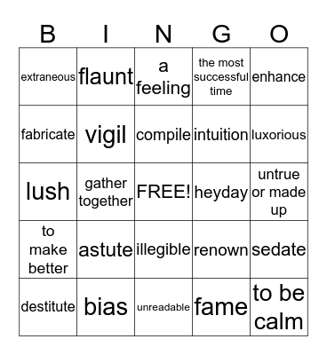 Lesson 2 Vocabulary Bingo Card