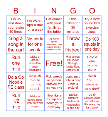 Healthy Habits Bingo Card