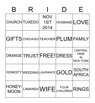 LAMANDA'S BRIDAL SHOWER - 09/20/2014 Bingo Card