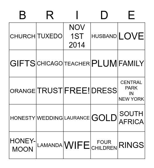 LAMANDA'S BRIDAL SHOWER - 09/20/2014 Bingo Card