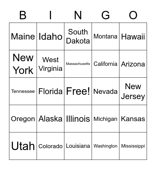 US States BINGO Card