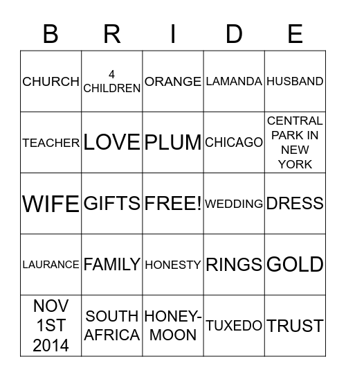 LAMANDA'S BRIDAL SHOWER -09/20/2014 Bingo Card