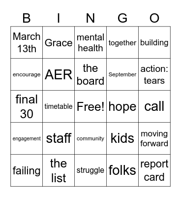 May 1st staff meeting Bingo Card