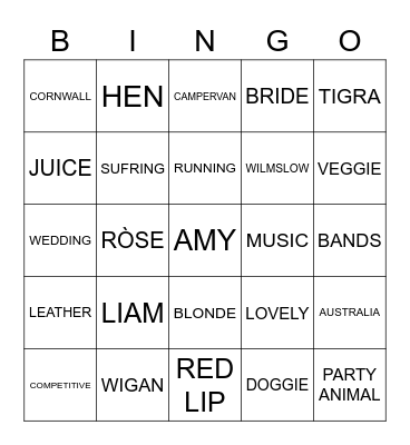 Amys Hen Bingo Card