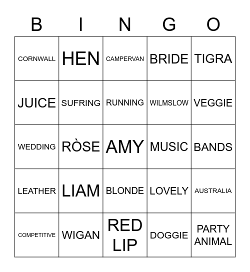 Amys Hen Bingo Card