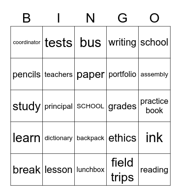 School Bingo Card