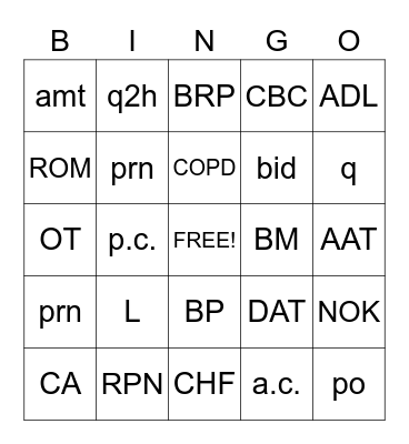 Medical Abbreviations Bingo Card