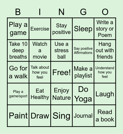Stress Relief Bingo Card