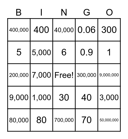 10x Greater 1/10 Of Bingo Card