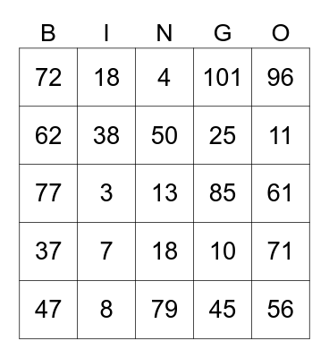 NUMBER Bingo Card