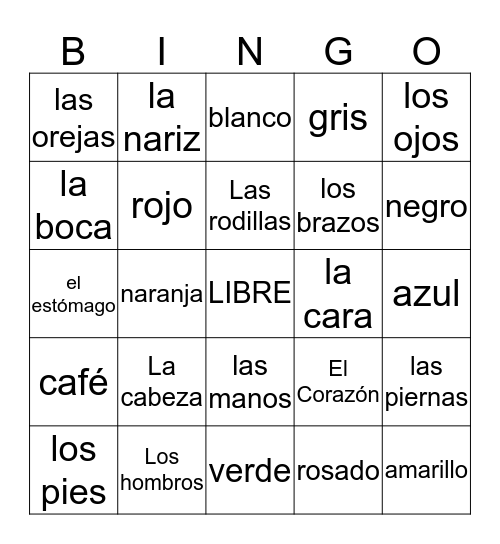 El Cuerpo y Los Colores Bingo Card