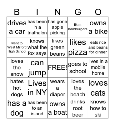 Getting To Know You Bingo Card