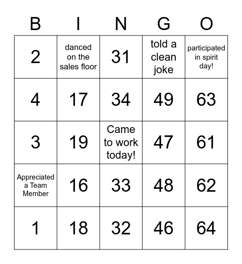 WFM Spirit Week Bingo Card