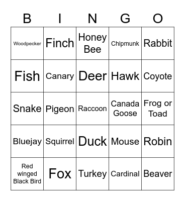 Wildlife Bingo Card