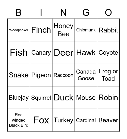 Wildlife Bingo Card