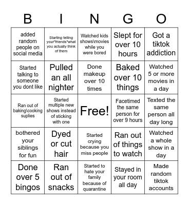 Corona\Quarantine Bingo Card