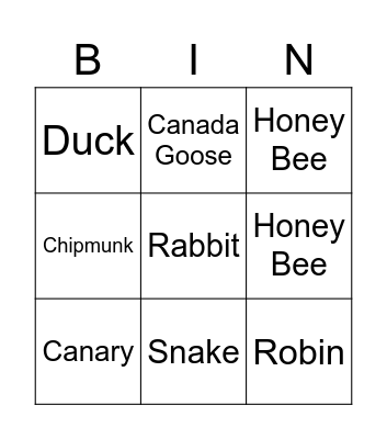 Wildlife Bingo Card