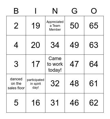 WFM Spirit Week Bingo Card