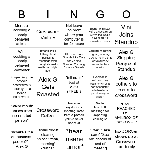 Legacy DORV Pandemic WFH Bingo Card Bingo Card