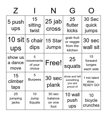 Fitness Bingo Card