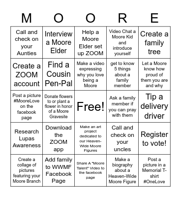 World-Wide Moore Figure Memorial Bingo Card