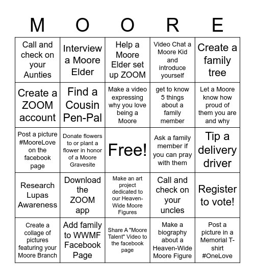 World-Wide Moore Figure Memorial Bingo Card