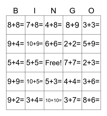 Addition Math Facts up to 20 Bingo Card
