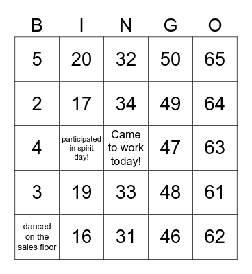 WFM Spirit Week Bingo Card