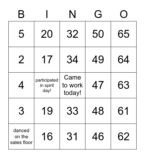 WFM Spirit Week Bingo Card