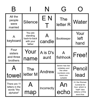 Riddles! Riddles! Riddles! Bingo Card