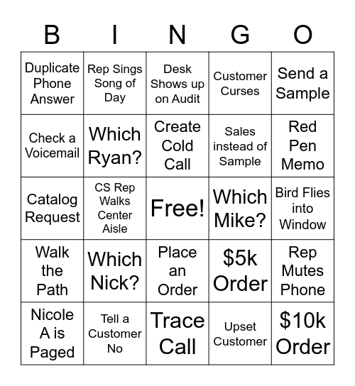 Uline Admin Bingo Card
