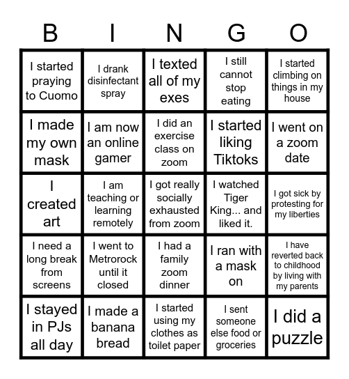 Quarantine Bingo Card