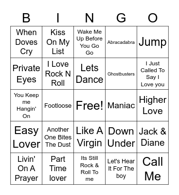 80's number 1's Bingo Card