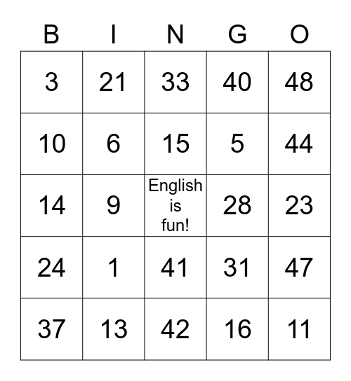 Special English Class Bingo Card