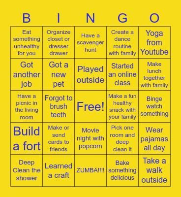 SMS TAW Quarantine Bingo Card