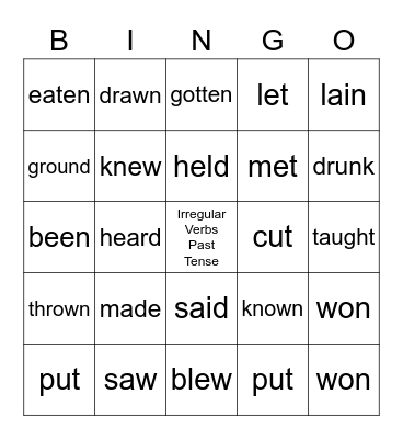 Irregular Verbs Past Tense Bingo Card