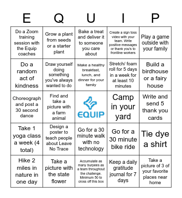 #EquipTeamChallenge Bingo Card